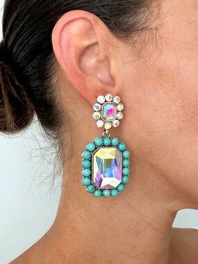 Statement Turquoise & Rhinestone Dangle Earrings